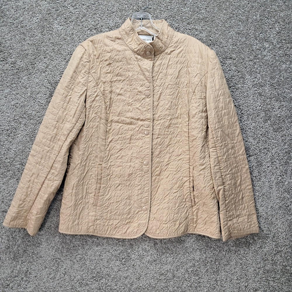 Chicos Tan Quilted Mock Neck Jacket Leopard Print Lining Beige Size 1 Medium